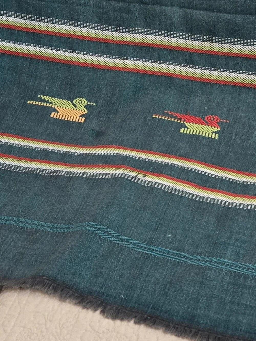 Guatemalan Teal Green Woven Tablecloth Quetzal Birds Colorful Stripes Southwest